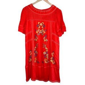 Brass & Roe Orange Short Sleeve Boho Floral Embroidered Crochet Trim Dress sm